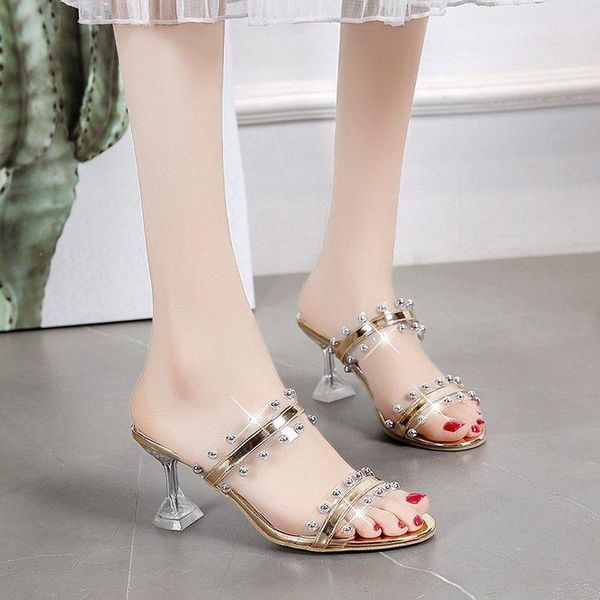 

slippers the summer rivet transparent toe thin heels fish mouth shoes wear anti slip cool female, Black
