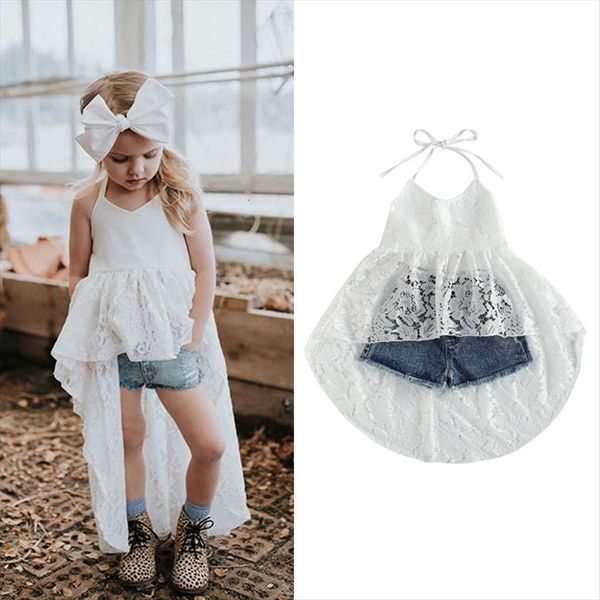 

summer toddler kid girls clothes sets 2pcs sleeveless lace neck strap tie up backless dress short jeans outfit 1, White