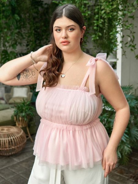 

plus ruffle hem knot shoulder mesh cami n1ny#, Black