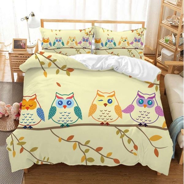 

autumn owl trio bedding set 100% microfiber yellow duvet cover pillowcase children's room decoration cartoon birds bed linens