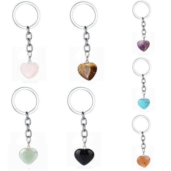 

keychains natural heart stone keychain crystal quartz healing chakra key chain ring keyring wedding party lovers jewelry gift, Silver