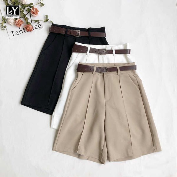 

ly varey lin spring summer women casual solid color knee length pants loose high waist wide leg short with belt 210526, White;black
