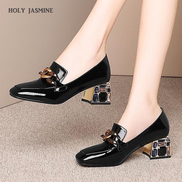 

dress shoes 2021 fashion women pumps spring summer chain high heels party woman genuine leather female brand prom loafers, Black