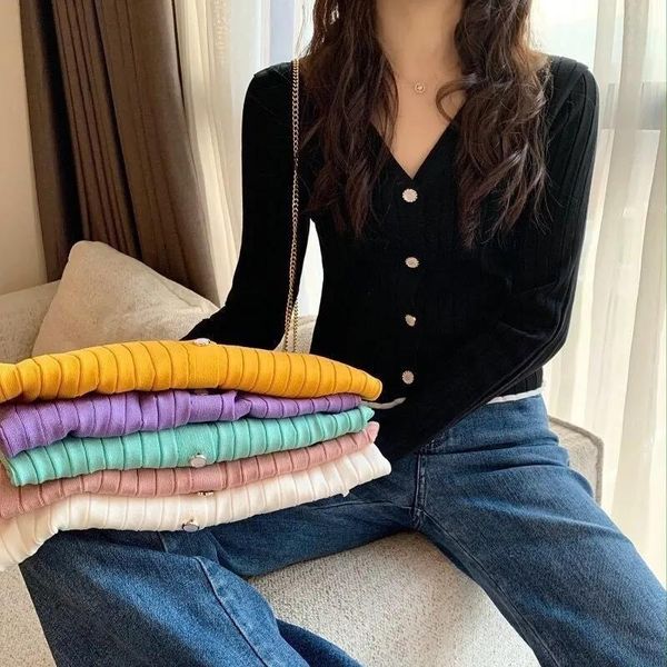 

women's knits & tees autumn women v neck full sleeve single breasted sweater fashion sweet knitwear female crooped cardigan, White
