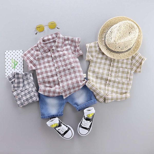 

new summer two piece 2021 children's plaid short sleeve korean fashion lapel shirt denim shorts suit, White