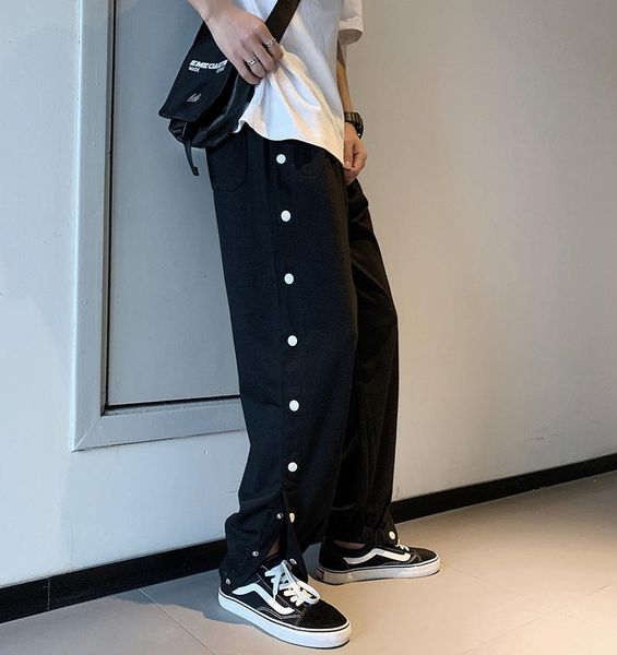

2021 jogging casual sports pants men's loose breasted fashion trousers mid waist basketball pants man overalls hip hop bottoms, Black