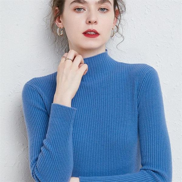 

2020 new autumn and winter blended solid half high collar striped slim bottomed women's sweater, White;black