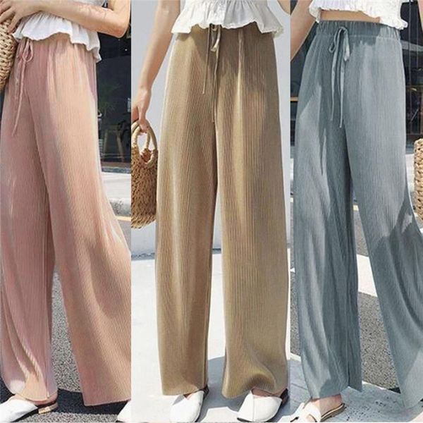 

women's pants & capris summer wide leg for women casual elastic high waist 2021 fashion loose long pleated pant trousers femme, Black;white