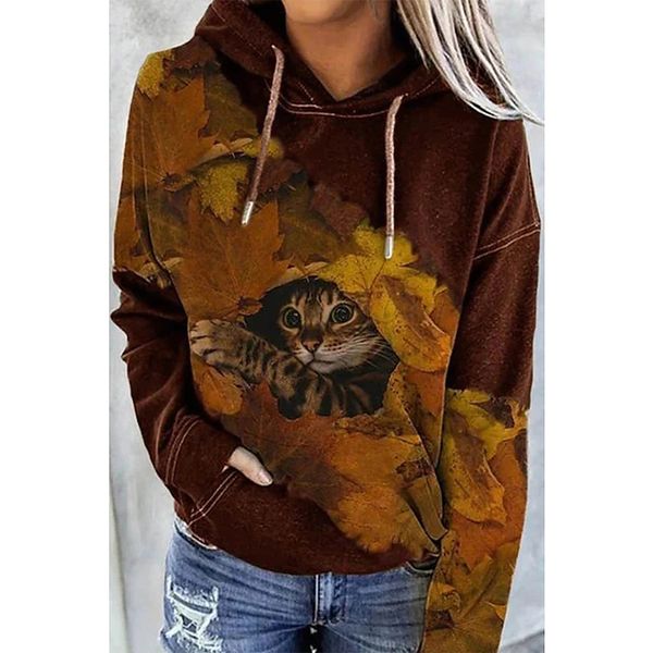 

women's leaf pattern party pullover hooded sweatshirt graphic 3d printing round neck long sleeve casual fall winter, Black