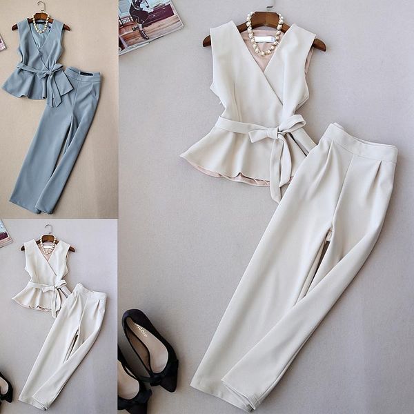 

spring and autumn new fashion set women's tide korean temperament ladies coat wide leg pants suit, Gray