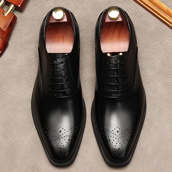 

dress shoes retro pointed toe man handmade business genuine leather formal oxfords medallion men's handsome office flats mde180, Black