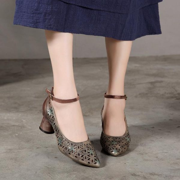 

pumps women leather hollow chunky high heels pointed shoes dusty blue, Black