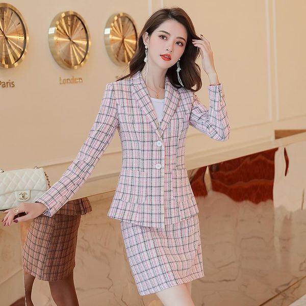 

fabric autumn winter formal uniform designs women business suits office ladies work wear blazers set elegant plaid, White