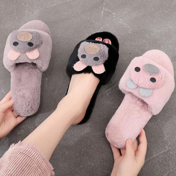 

slippers women indoor shoes flat fur winter cartoon home warm soft non slip manual female plush s656, Black