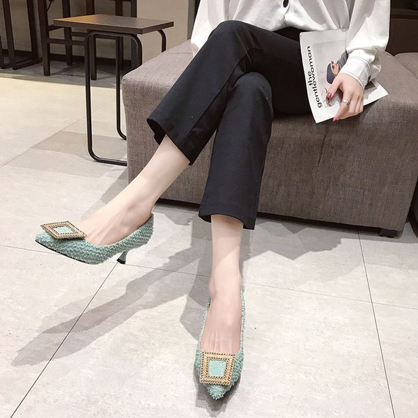 

fashion buckle pumps women high heel shoes elegant ladies office shoes pointed toe women party wedding shoes pumps, Black