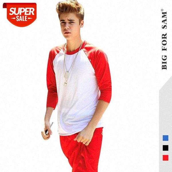 

raglan sleeves t-shirt men's clothing four cotton material contrast color stitching blank bottoming shirt five-point sleeve #jc1o, White;black