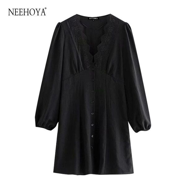 

casual dresses women 2021 elegant fashion with lace button-up mini dress vintage v neck long sleeve female vestidos mujer, Black;gray