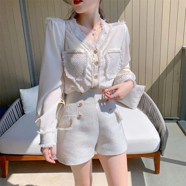 

women's tracksuits two pieces sets autumn ladies stitching tweed long-sleeved chiffon shirt + high-waist wide-leg shorts fashion suits, Gray