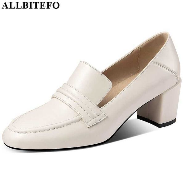 

allbitefo fashion high heel shoes full nature genuine leather high heels elegant thick heel women heels 210611, Black
