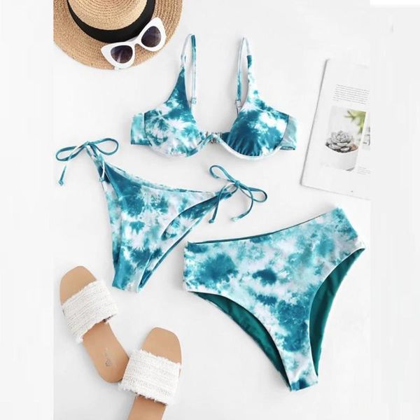 

women's bikini print set swimsuit three piece filled bra swimwear beachwear