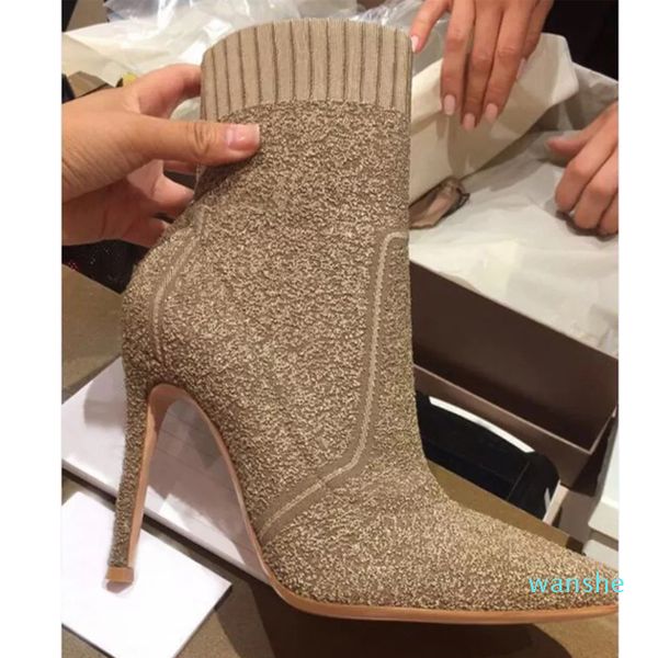 

fashion-womens pointed toes ankle hlaf boots high heel 6-8cm woolen sock-like booties ladies high knit boots heel black brown