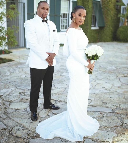 

vintage long sleeve satin wedding dresses mermaid bridal gowns sweep train open back backless ivory brautkleid robes de soirÃ©e for women, White