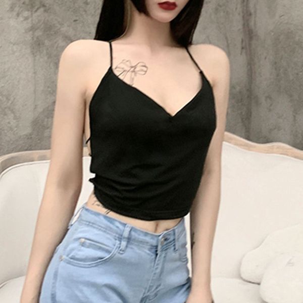 

backless black camis women casual v neck spaghetti straps camisole streetwear chic cropped for summer 2021, White