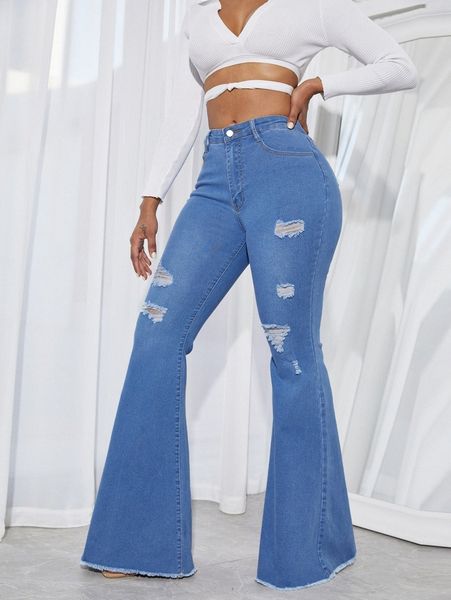 

high waisted raw hem ripped flare leg jeans m49l#, Blue