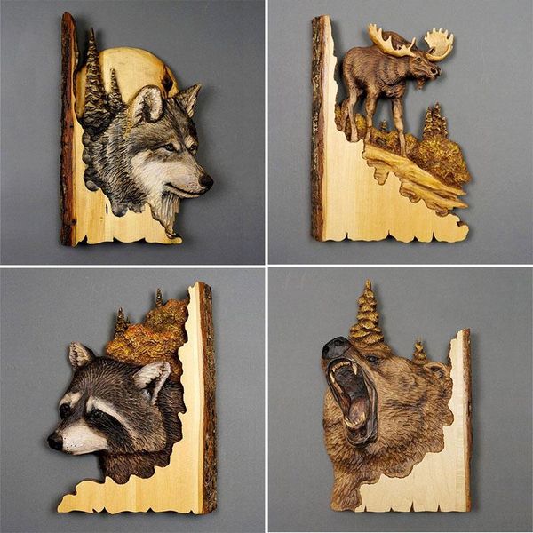 

other home decor 25*17*1cm hand-carved wood grain paintings vivid animal carving crafts wolf bear deer decoration mural