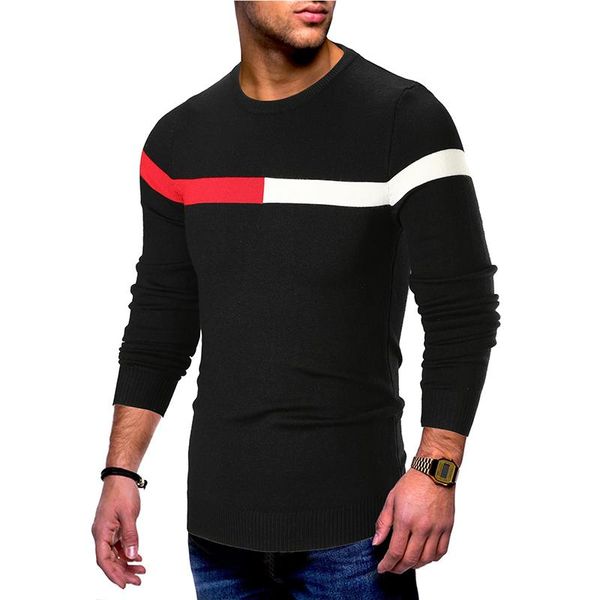 

four seasons men's warm/comfortable sweater solid color casual design striped knit pullover casual sweater slim o-neck, White;black