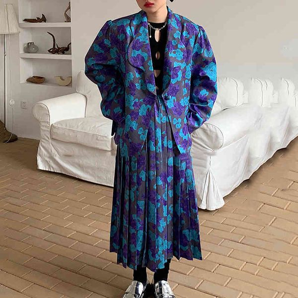 

two piece dress [ewq] korea chic autumn winter one button floral green suit jacket + pleated skirt two-piece set female fashion 16e4345 c9mm, White