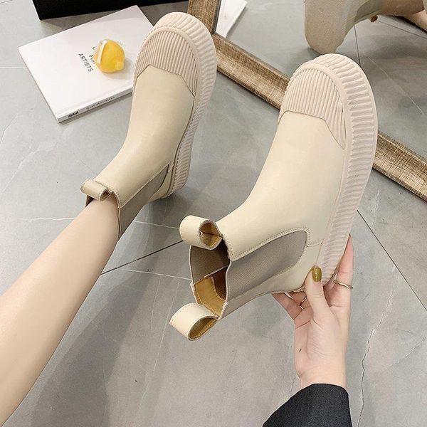 

boots 2021 winter women fashion platform thick sole ankle ladies leather black woman shoes slip on flats m5-90