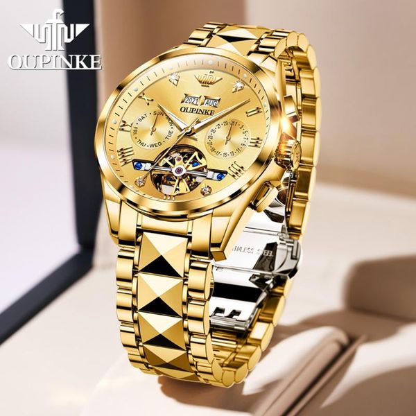 

wristwatches oupinke 40mm gold men's mechanical watches 50m waterproof brand sapphire glass stainless steel business watch, Slivery;brown