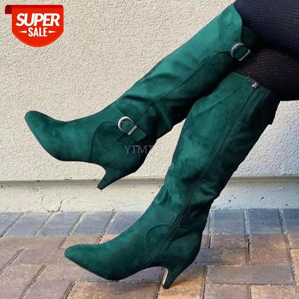 

big size 35-43 boots woman high heels luxury design chunky heeled zip knee-high buckle round toe botas altas mujer #ud2y, Black