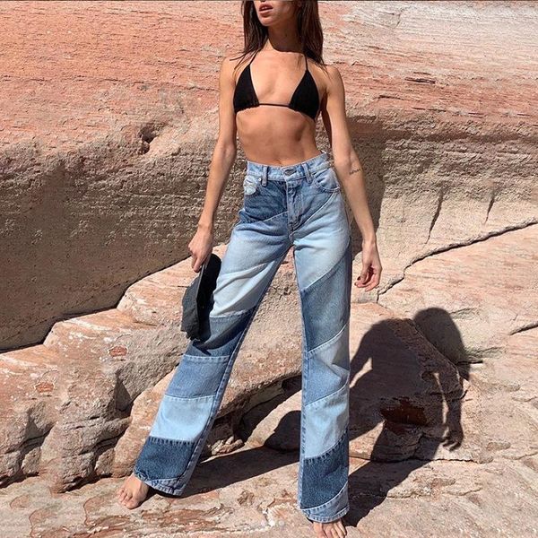 

women's jeans europe and the united states 2 high-waisted zipper buttons color-blocking straight slim-fit wide-leg women, Blue