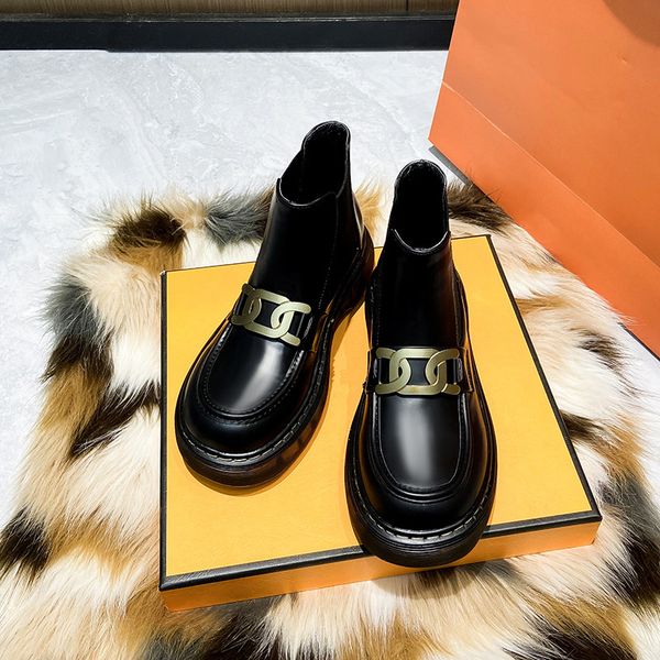 

martin women 2021 autumn winter thick soled short british style small leather sho big round head elastic boots single, Black