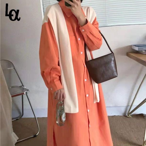 

casual dresses luck a 2021 women solid spring button long sleeve elegant shirt dress female high waist turn-down collar midi vestidos, Black;gray