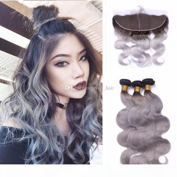 

dark root ombre body wave 1b grey hair with frontal 4pcs lot two tone ear to ear frontal with hair weft, Black;brown