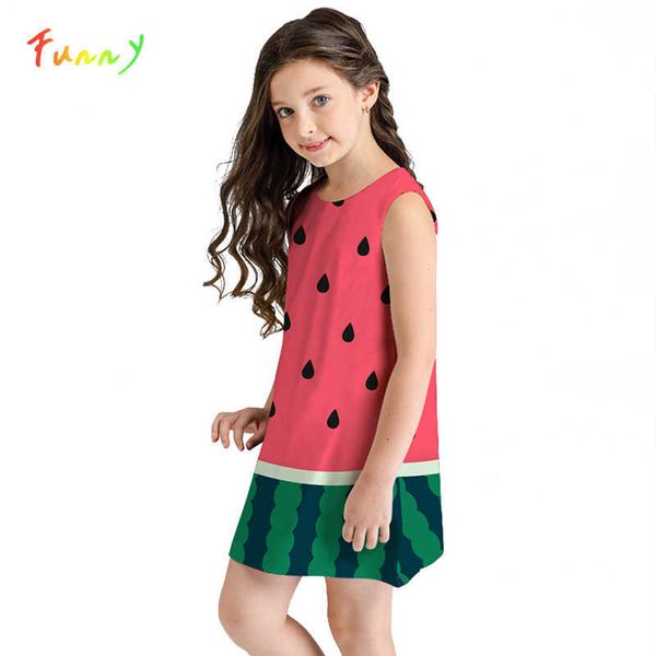 8-12 anos criança vestidos de menina verão 2020 bonitos vestido de melancia sem mangas crianças crianças roupas casuais princesa traje q0716