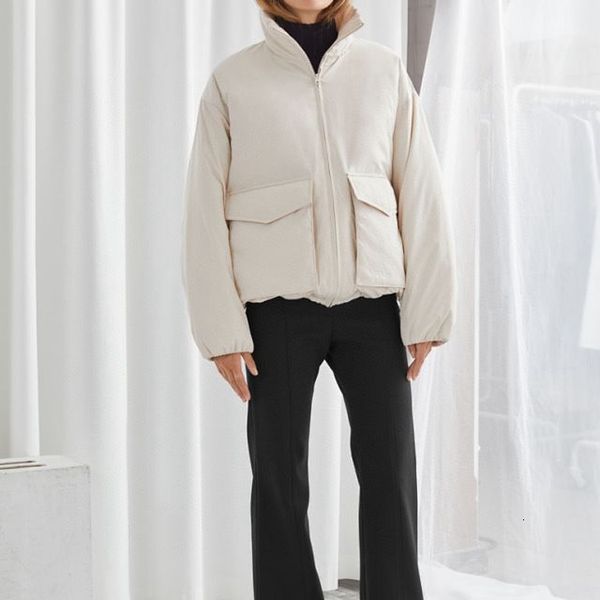 

2021 winter new style long-sleeved high-neck classic double pocket all-match cotton jacket women vi1w, Black