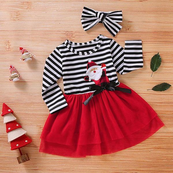 

girl's dresses toddler baby girls christmas santa striped print tulle dress+headband outfits princess party dress infantil children kid, Red;yellow