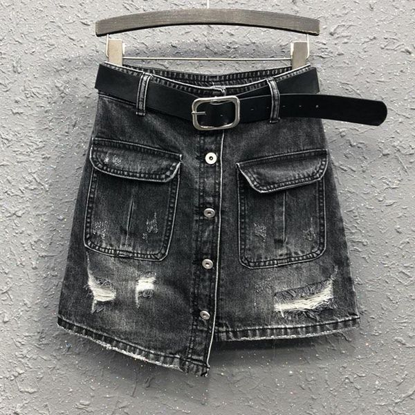 

skirts summer spring casual womens clothing high waisted irregular pockets ripped black denim skirt , hole jeans for women