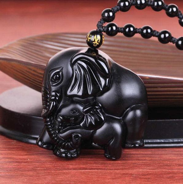 

handmade om beads chain natural black obsidian carved mother baby cute elephant amulet lucky pendant necklacedio chan contact, Silver