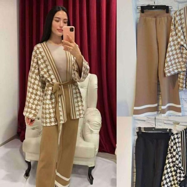 

fall winter sweater pants two piece set for women houndstooth lace up knitted cardigan jacket and wide leg pants sets, Gray