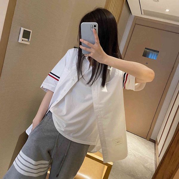 

tb stripe ribbon loose short sleeve women's 21 summer new korean college style shirt net red casual fashion, White