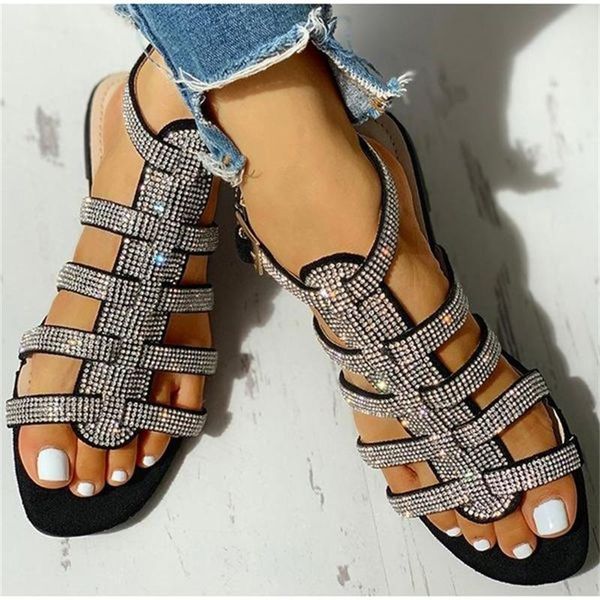

sandals women's glitter gladiator 2021 summer ankle straps ladies outdoor rome crystal bling flat beach, Black