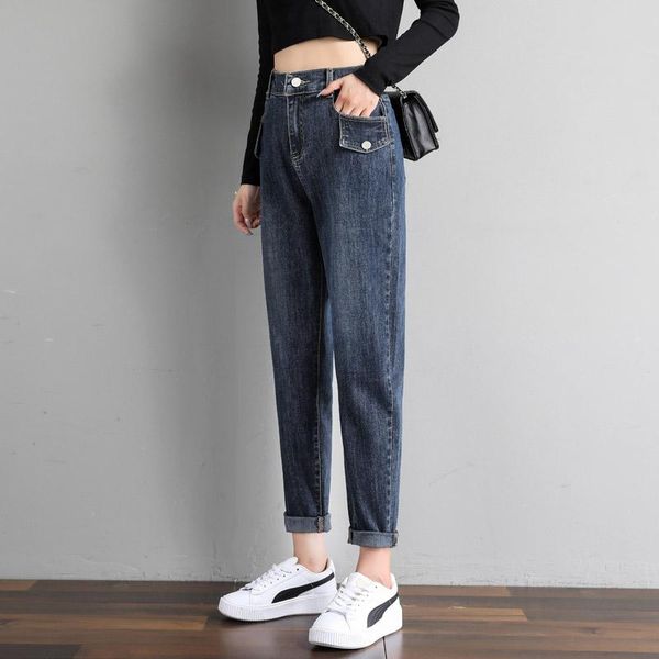 

#3046 casual loose denim trousers women plus size high waist elastic spring autumn harem pants jeans ladies black blue jeans