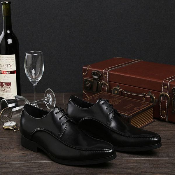 

fashion genuine leather dress shoes men flats pointed toe formal shoes men lace up wedding oxford shoes footwear b74, Black