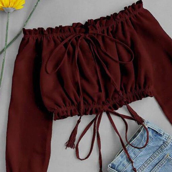 

women off shoulder crop women summer floral print flare sleeve shirts slash neck bow beach boho blouse yj, White