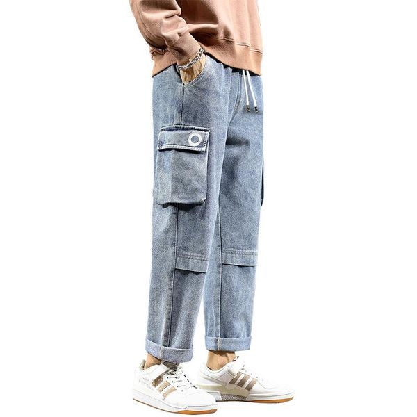 

spring mens denim pant korean style loose straight streetwear ankle length trousers fashion pocket male casual jeans, Blue